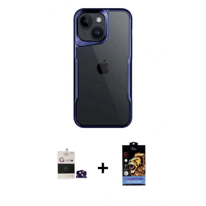 MARSİLYAN™- iPhone 15 Kılıf Akış Çizgi Koleksiyonu - Siyah Buffer Hayalet Cam Ekran Koruyucu + Bilvis Titan Kamera Lens - PE