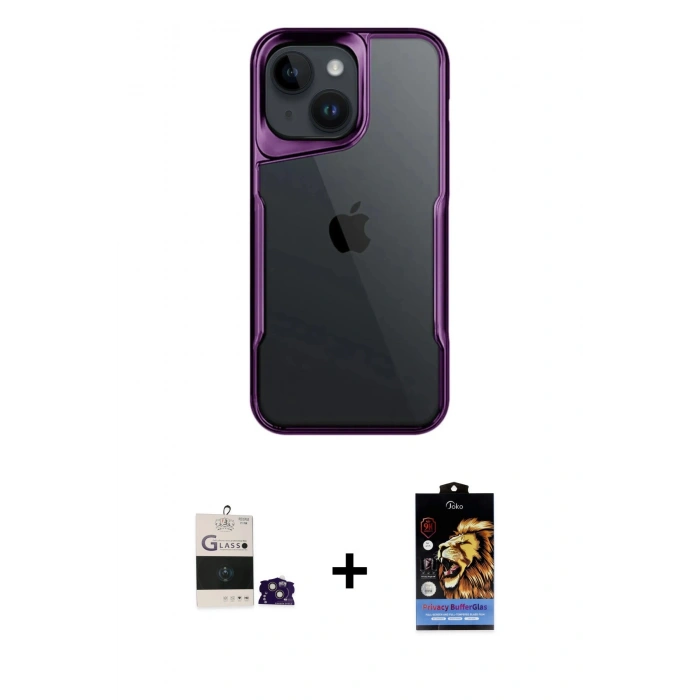 MARSİLYAN™- iPhone 15 Kılıf Akış Çizgi Koleksiyonu - Siyah Buffer Hayalet Cam Ekran Koruyucu + Bilvis Titan Kamera Lens - PE