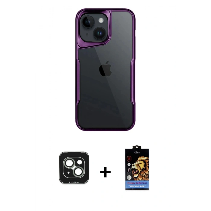 MARSİLYAN™- iPhone 15 Kılıf Akış Çizgi Koleksiyonu - Siyah Buffer Hayalet Cam Ekran Koruyucu + PVD Metal Kamera Lens - YL