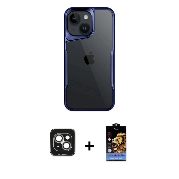 MARSİLYAN™- iPhone 15 Kılıf Akış Çizgi Koleksiyonu - Siyah Buffer Hayalet Cam Ekran Koruyucu + PVD Metal Kamera Lens - YL