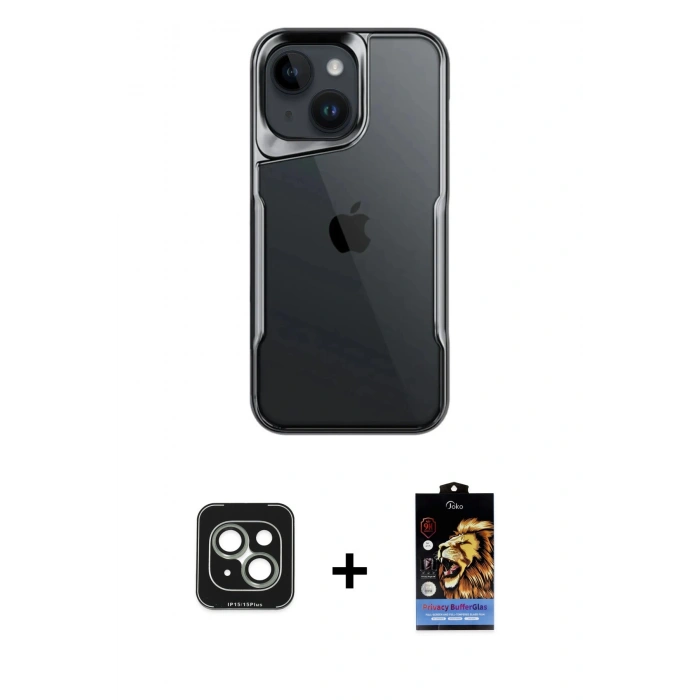 MARSİLYAN™- iPhone 15 Kılıf Akış Çizgi Koleksiyonu - Siyah Buffer Hayalet Cam Ekran Koruyucu + PVD Metal Kamera Lens - YL