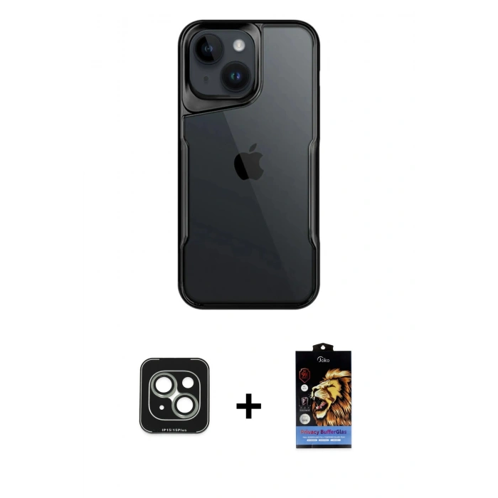 MARSİLYAN™- iPhone 15 Kılıf Akış Çizgi Koleksiyonu - Siyah Buffer Hayalet Cam Ekran Koruyucu + PVD Metal Kamera Lens - YL