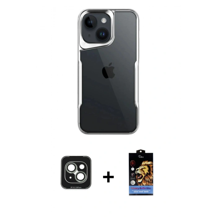 MARSİLYAN™- iPhone 15 Kılıf Akış Çizgi Koleksiyonu - Siyah Buffer Hayalet Cam Ekran Koruyucu + PVD Metal Kamera Lens - YL