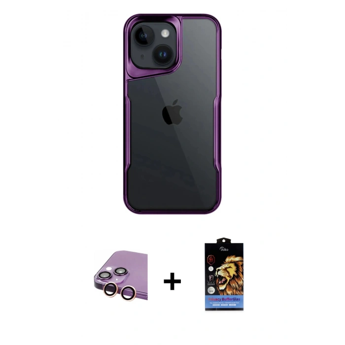 MARSİLYAN™- iPhone 15 Kılıf Akış Çizgi Koleksiyonu - Siyah Buffer Hayalet Cam Ekran Koruyucu + Raze Metal Kamera Lens - PE