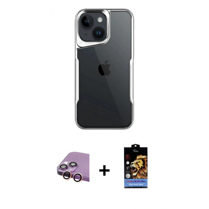 MARSİLYAN™- iPhone 15 Kılıf Akış Çizgi Koleksiyonu - Siyah Buffer Hayalet Cam Ekran Koruyucu + Raze Metal Kamera Lens - PE
