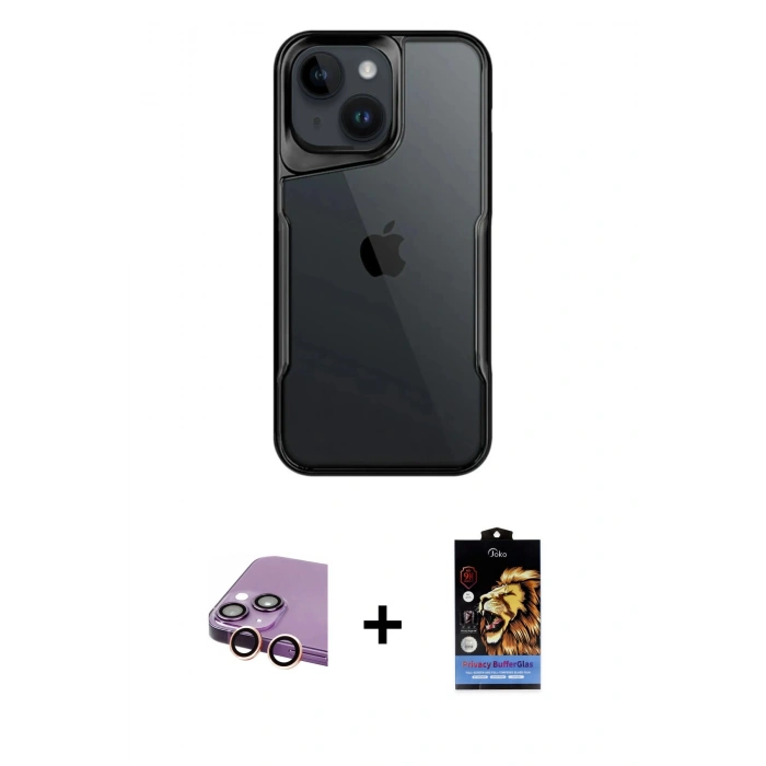 MARSİLYAN™- iPhone 15 Kılıf Akış Çizgi Koleksiyonu - Siyah Buffer Hayalet Cam Ekran Koruyucu + Raze Metal Kamera Lens - PE