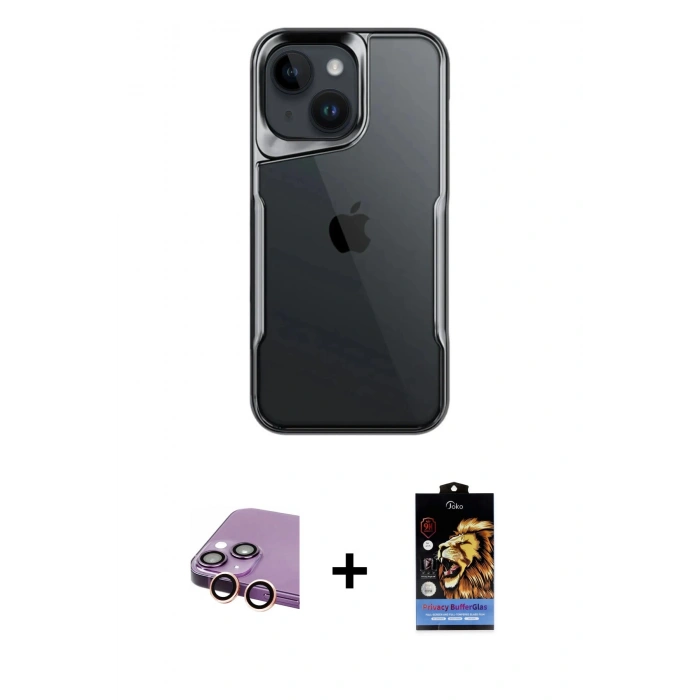 MARSİLYAN™- iPhone 15 Kılıf Akış Çizgi Koleksiyonu - Siyah Buffer Hayalet Cam Ekran Koruyucu + Raze Metal Kamera Lens - PE