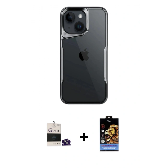 MARSİLYAN™- iPhone 15 Kılıf Akış Çizgi Koleksiyonu - Siyah Buffer Hayalet Cam Ekran Koruyucu + Bilvis Titan Kamera Lens - YL