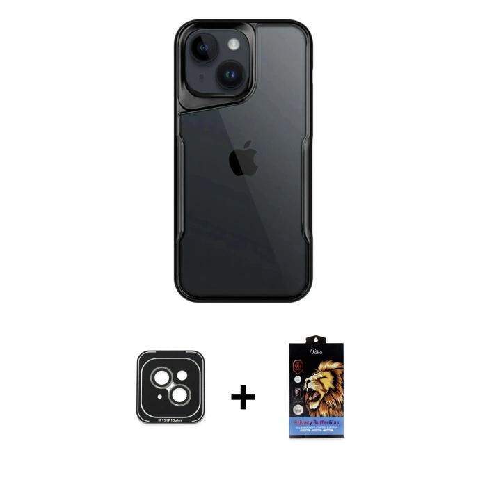 MARSİLYAN™- iPhone 15 Kılıf Akış Çizgi Koleksiyonu - Siyah Buffer Hayalet Cam Ekran Koruyucu + PVD Metal Kamera Lens - YL