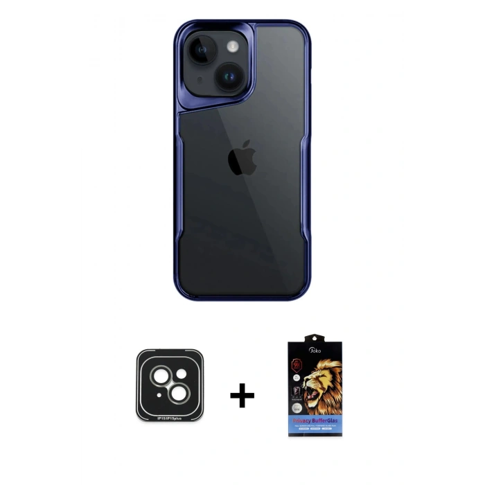 MARSİLYAN™- iPhone 15 Kılıf Akış Çizgi Koleksiyonu - Siyah Buffer Hayalet Cam Ekran Koruyucu + PVD Metal Kamera Lens - YL