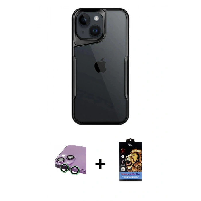 MARSİLYAN™- iPhone 15 Kılıf Akış Çizgi Koleksiyonu - Siyah Buffer Hayalet Cam Ekran Koruyucu + Raze Metal Kamera Lens - YL