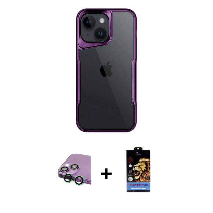 MARSİLYAN™- iPhone 15 Kılıf Akış Çizgi Koleksiyonu - Siyah Buffer Hayalet Cam Ekran Koruyucu + Raze Metal Kamera Lens - YL