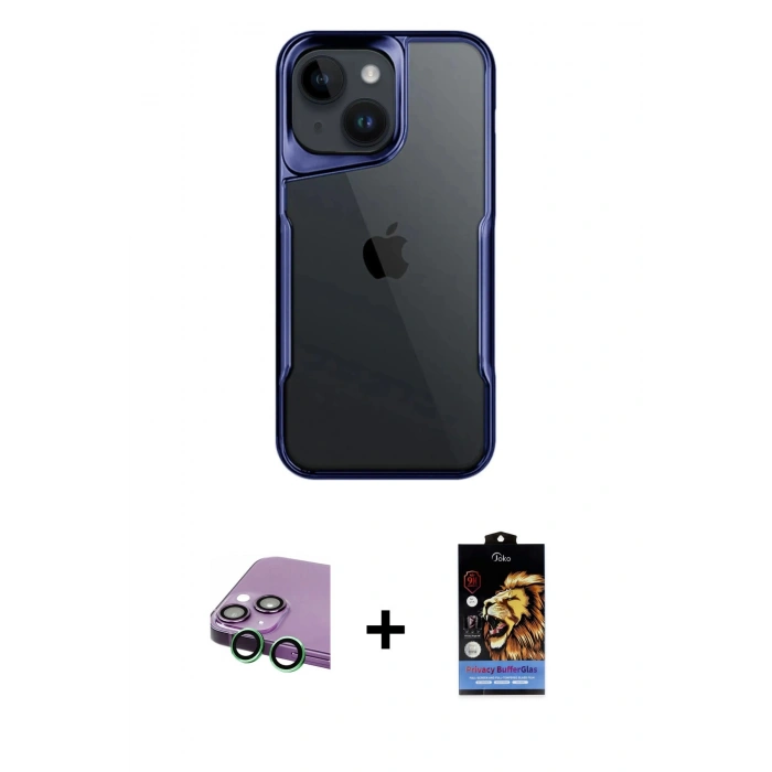 MARSİLYAN™- iPhone 15 Kılıf Akış Çizgi Koleksiyonu - Siyah Buffer Hayalet Cam Ekran Koruyucu + Raze Metal Kamera Lens - YL
