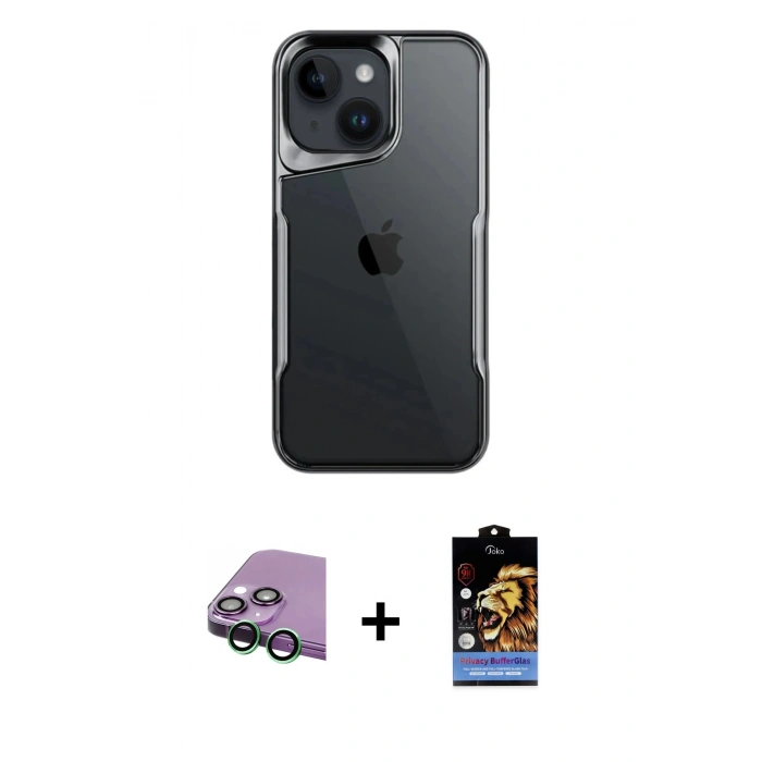 MARSİLYAN™- iPhone 15 Kılıf Akış Çizgi Koleksiyonu - Siyah Buffer Hayalet Cam Ekran Koruyucu + Raze Metal Kamera Lens - YL