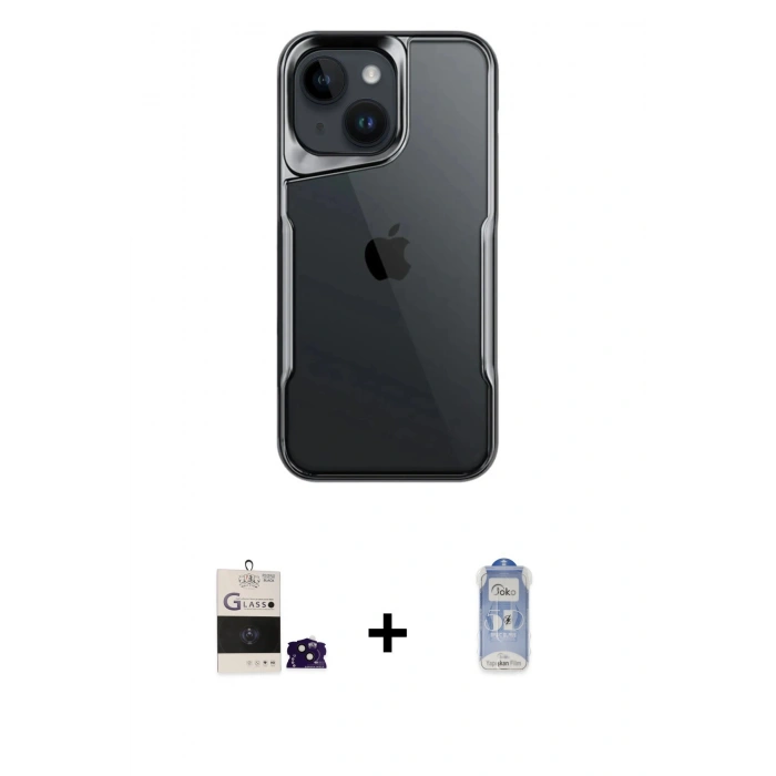 MARSİLYAN™- iPhone 15 Kılıf Akış Çizgi Koleksiyonu - Siyah Joko Magic 5D Cam + Bilvis Titan Kamera Lens - SH