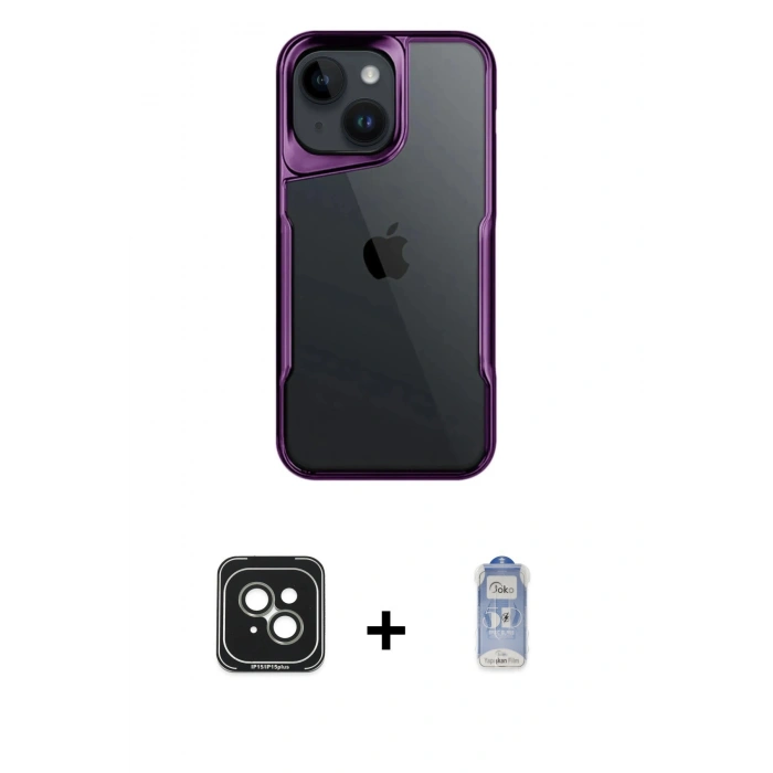MARSİLYAN™- iPhone 15 Kılıf Akış Çizgi Koleksiyonu - Siyah Joko Magic 5D Cam + PVD Metal Kamera Lens - YL