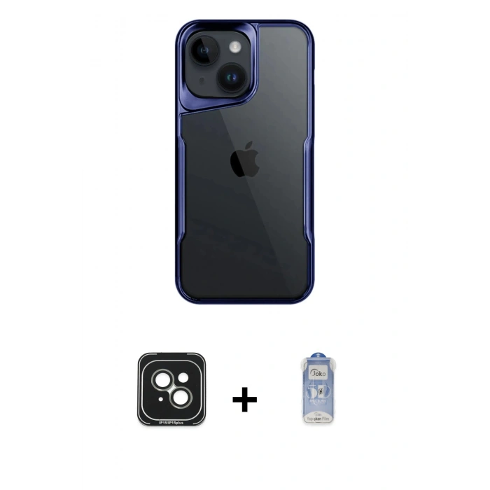 MARSİLYAN™- iPhone 15 Kılıf Akış Çizgi Koleksiyonu - Siyah Joko Magic 5D Cam + PVD Metal Kamera Lens - YL