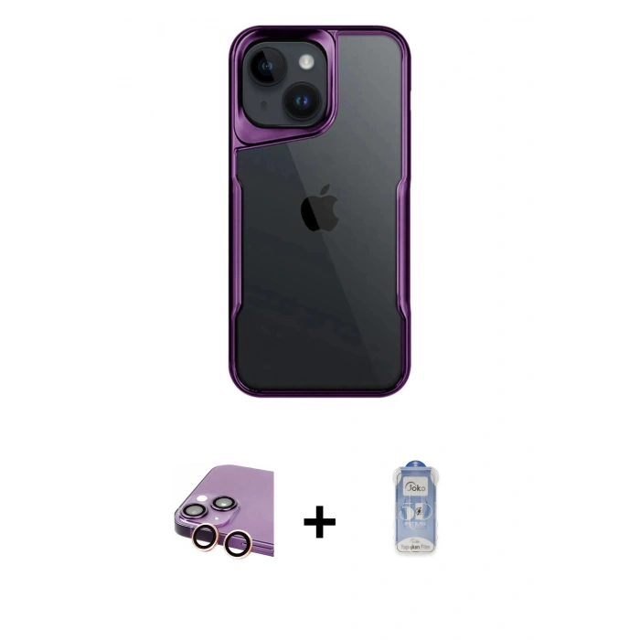 MARSİLYAN™- iPhone 15 Kılıf Akış Çizgi Koleksiyonu - Siyah Joko Magic 5D Cam + Raze Metal Kamera Lens - PE
