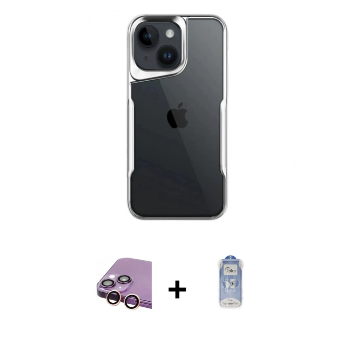 MARSİLYAN™- iPhone 15 Kılıf Akış Çizgi Koleksiyonu - Siyah Joko Magic 5D Cam + Raze Metal Kamera Lens - PE