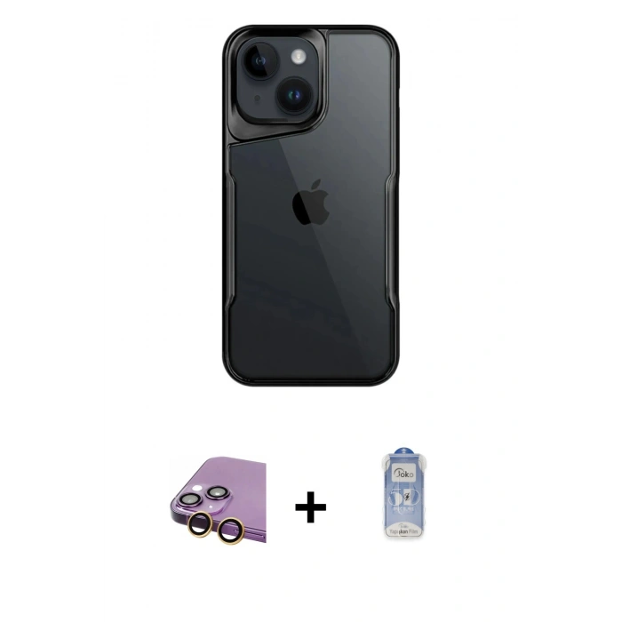 MARSİLYAN™- iPhone 15 Kılıf Akış Çizgi Koleksiyonu - Siyah Joko Magic 5D Cam + Raze Metal Kamera Lens - SI