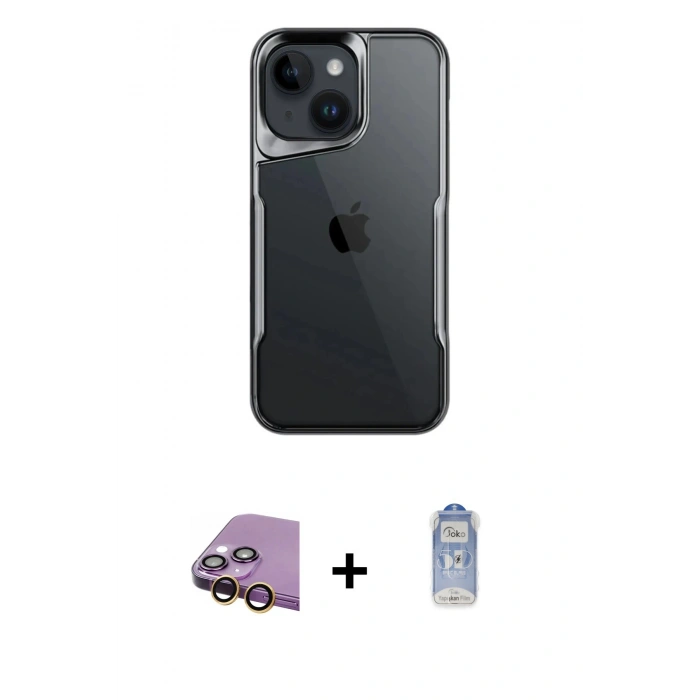 MARSİLYAN™- iPhone 15 Kılıf Akış Çizgi Koleksiyonu - Siyah Joko Magic 5D Cam + Raze Metal Kamera Lens - SI