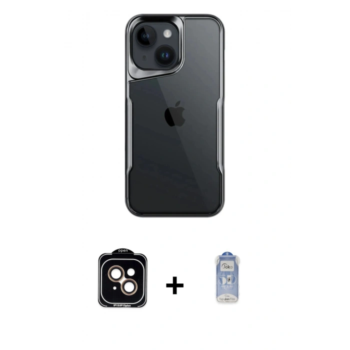 MARSİLYAN™- iPhone 15 Kılıf Akış Çizgi Koleksiyonu - Siyah Joko Magic 5D Cam + PVD Metal Kamera Lens - TU