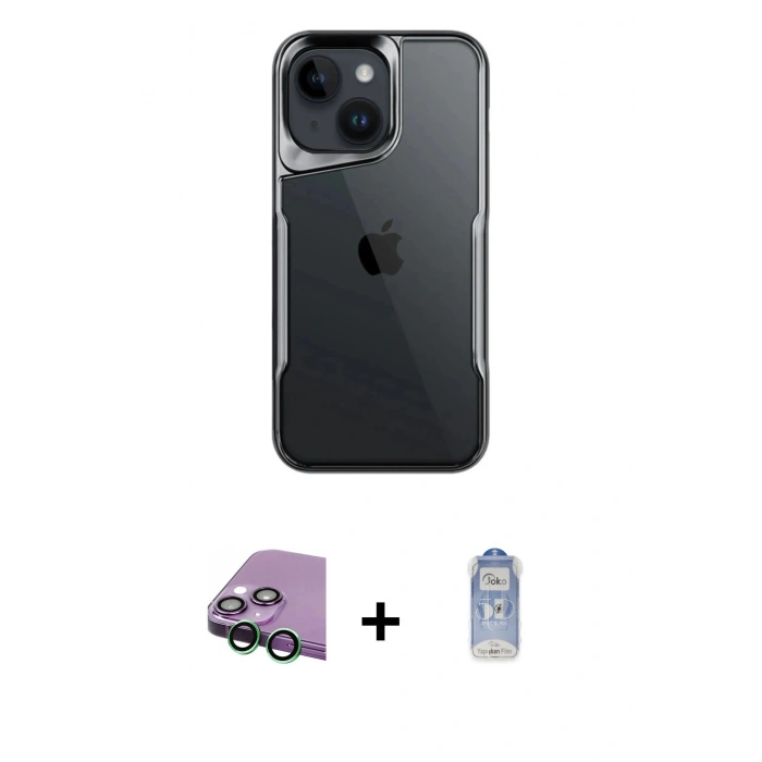 MARSİLYAN™- iPhone 15 Kılıf Akış Çizgi Koleksiyonu - Siyah Joko Magic 5D Cam + Raze Metal Kamera Lens - YL