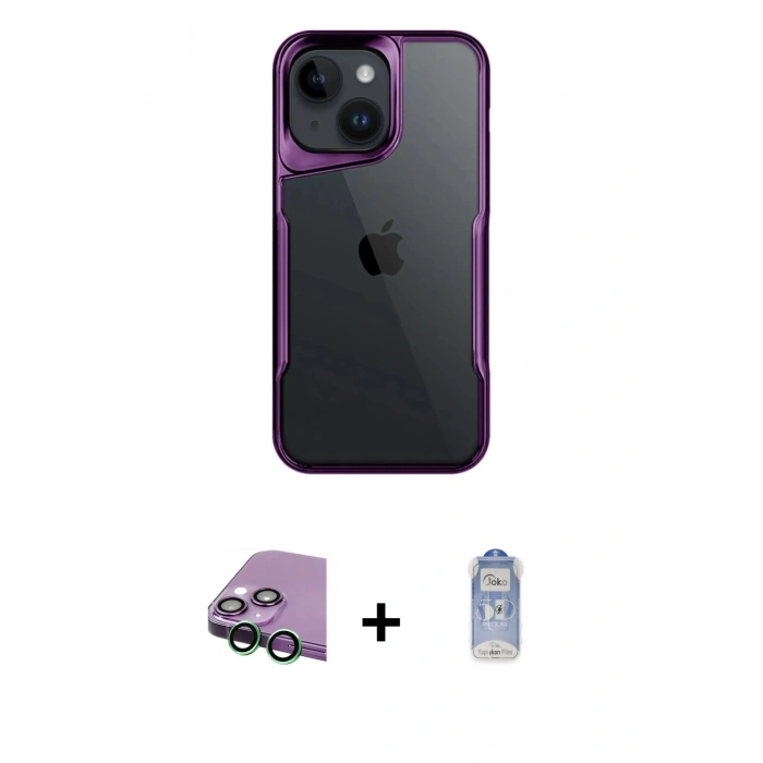 MARSİLYAN™- iPhone 15 Kılıf Akış Çizgi Koleksiyonu - Siyah Joko Magic 5D Cam + Raze Metal Kamera Lens - YL