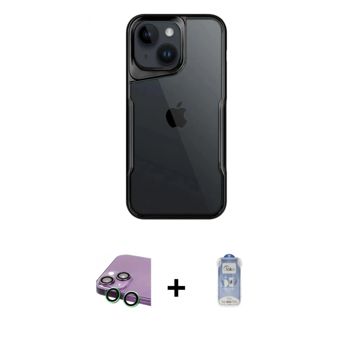 MARSİLYAN™- iPhone 15 Kılıf Akış Çizgi Koleksiyonu - Siyah Joko Magic 5D Cam + Raze Metal Kamera Lens - YL