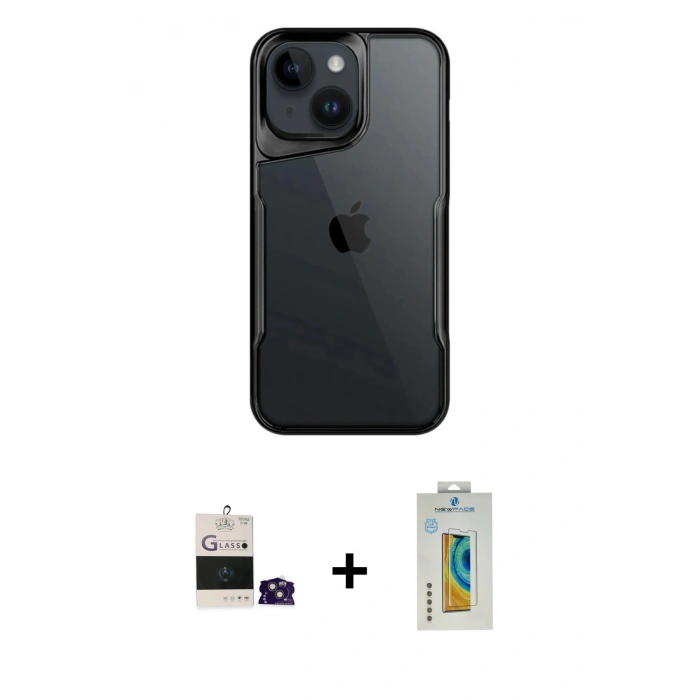 MARSİLYAN™- iPhone 15 Kılıf Akış Çizgi Koleksiyonu - Siyah Polymer Nano Ekran Koruyucu + Bilvis Titan Kamera Lens - PE