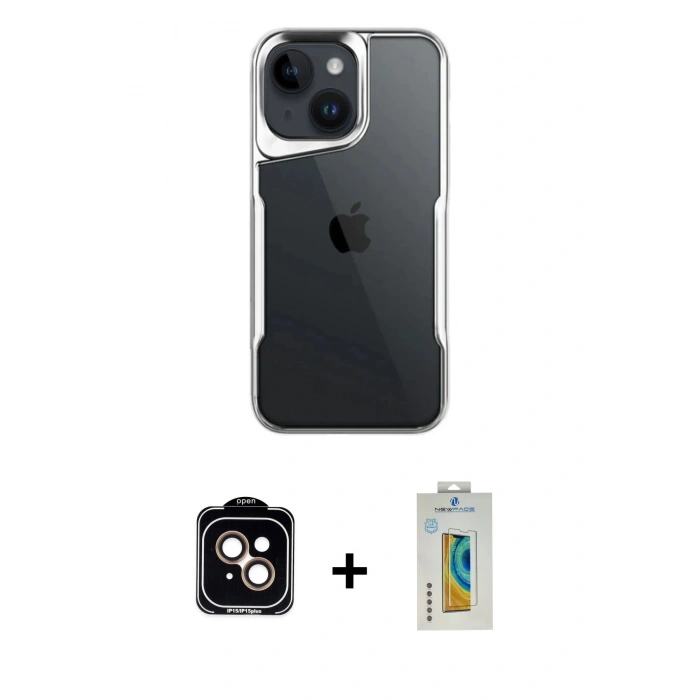 MARSİLYAN™- iPhone 15 Kılıf Akış Çizgi Koleksiyonu - Siyah Polymer Nano Ekran Koruyucu + PVD Metal Kamera Lens - TU