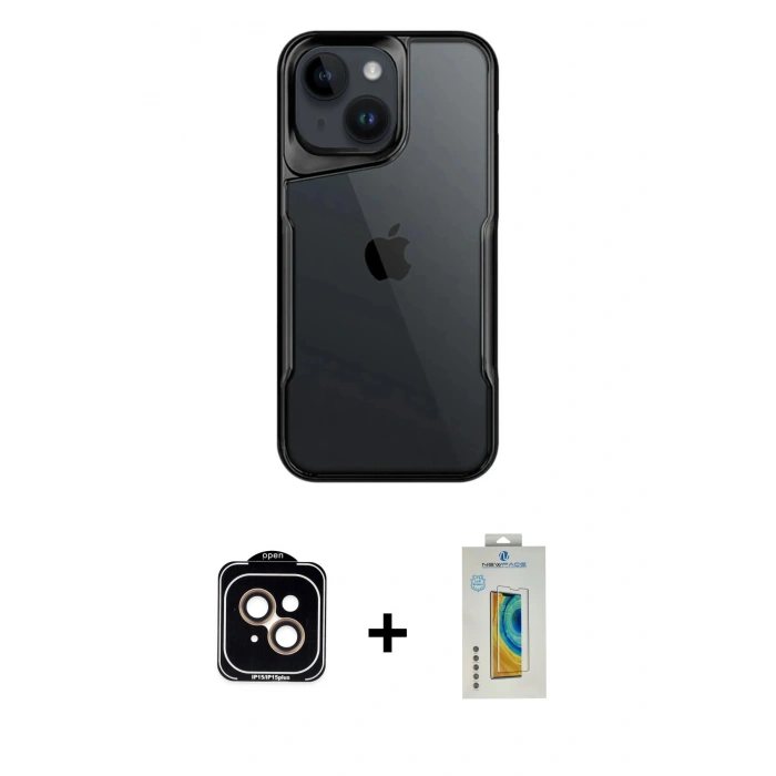 MARSİLYAN™- iPhone 15 Kılıf Akış Çizgi Koleksiyonu - Siyah Polymer Nano Ekran Koruyucu + PVD Metal Kamera Lens - TU