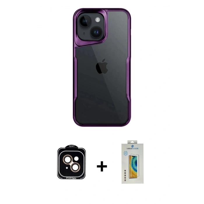 MARSİLYAN™- iPhone 15 Kılıf Akış Çizgi Koleksiyonu - Siyah Polymer Nano Ekran Koruyucu + PVD Metal Kamera Lens - TU