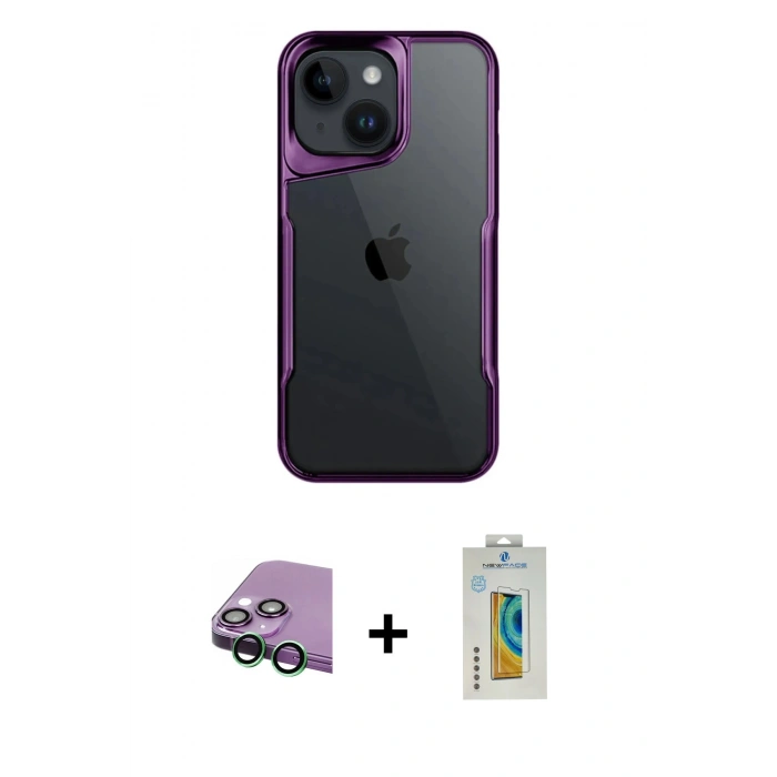 MARSİLYAN™- iPhone 15 Kılıf Akış Çizgi Koleksiyonu - Siyah Polymer Nano Ekran Koruyucu + Raze Metal Kamera Lens - YL