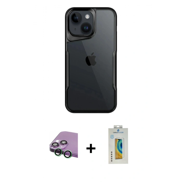 MARSİLYAN™- iPhone 15 Kılıf Akış Çizgi Koleksiyonu - Siyah Polymer Nano Ekran Koruyucu + Raze Metal Kamera Lens - YL