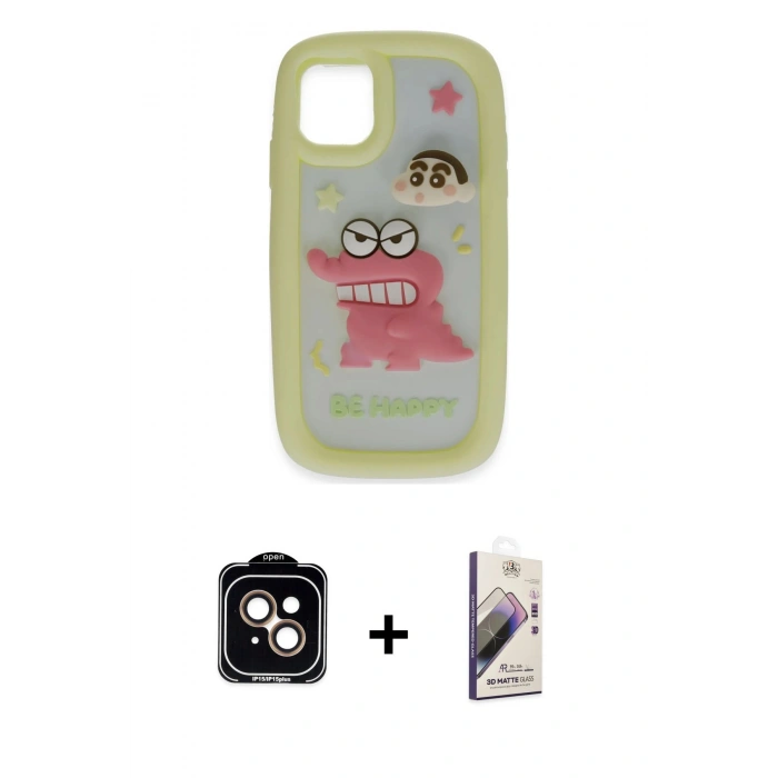 MARSİLYAN™- iPhone 15 Kılıf Akış Yansıma - Siyah Bilvis 3D Mat Cam Ekran Koruyucu + PVD Metal Kamera Lens - TU