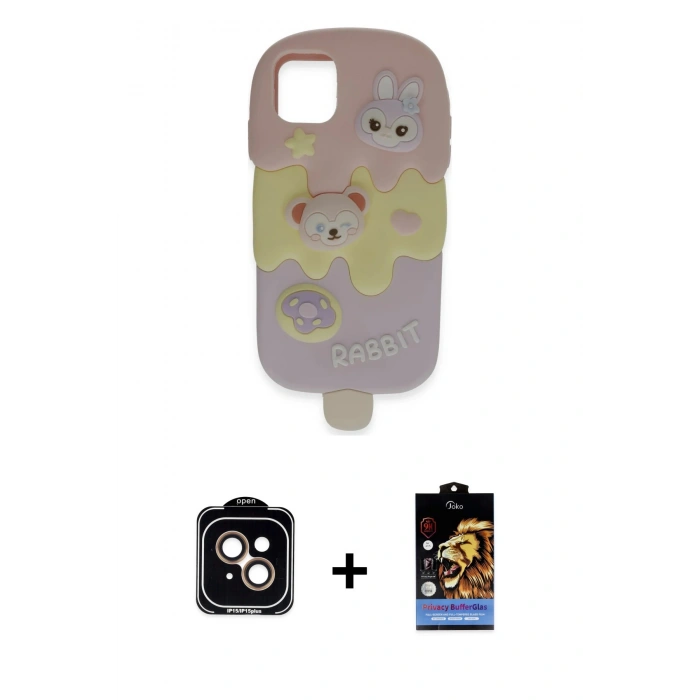 MARSİLYAN™- iPhone 15 Kılıf Akış Yansıma - Siyah Buffer Hayalet Cam Ekran Koruyucu + PVD Metal Kamera Lens - TU