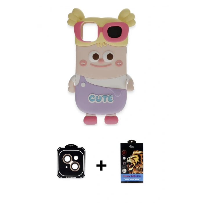 MARSİLYAN™- iPhone 15 Kılıf Akış Yansıma - Siyah Buffer Hayalet Cam Ekran Koruyucu + PVD Metal Kamera Lens - TU