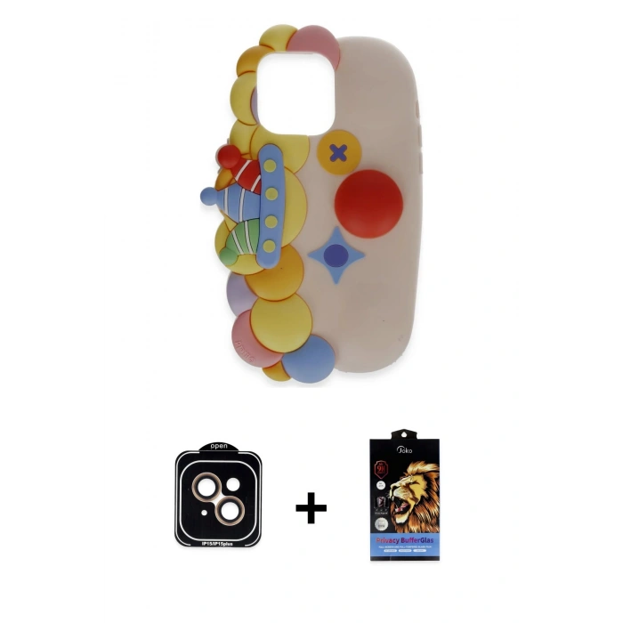 MARSİLYAN™- iPhone 15 Kılıf Akış Yansıma - Siyah Buffer Hayalet Cam Ekran Koruyucu + PVD Metal Kamera Lens - TU