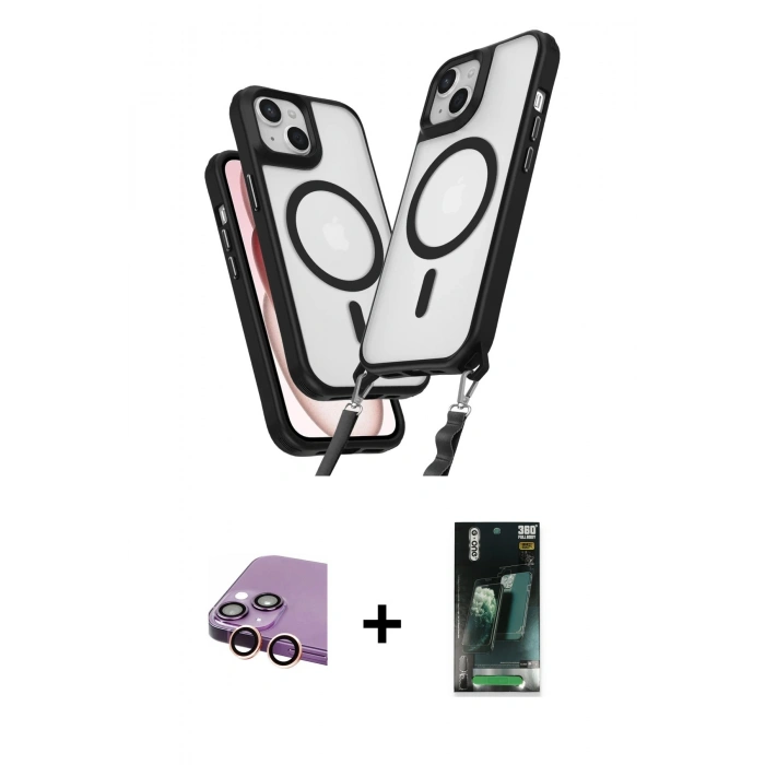 MARSİLYAN™- iPhone 15 Kılıf Atlas Doku Koleksiyonu - Siyah 360 Mat Full Body Arka Koruyucu + Raze Metal Kamera Lens - PE