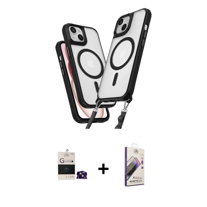MARSİLYAN™- iPhone 15 Kılıf Atlas Doku Koleksiyonu - Siyah Bilvis 3D Mat Cam Ekran Koruyucu + Bilvis Titan Kamera Lens - PE