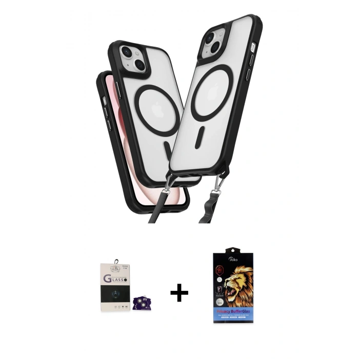 MARSİLYAN™- iPhone 15 Kılıf Atlas Doku Koleksiyonu - Siyah Buffer Hayalet Cam Ekran Koruyucu + Bilvis Titan Kamera Lens - PE