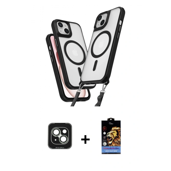 MARSİLYAN™- iPhone 15 Kılıf Atlas Doku Koleksiyonu - Siyah Buffer Hayalet Cam Ekran Koruyucu + PVD Metal Kamera Lens - YL