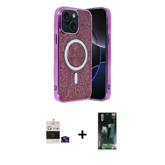 MARSİLYAN™- iPhone 15 Kılıf Eksen Çizgi - Şeffaf 360 Full Body Arka Koruyucu + Pembe Bilvis Titan Kamera Lens