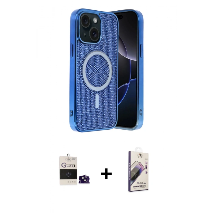 MARSİLYAN™- iPhone 15 Kılıf Eksen Çizgi - Siyah Bilvis 3D Mat Cam Ekran Koruyucu + Bilvis Titan Kamera Lens - SH