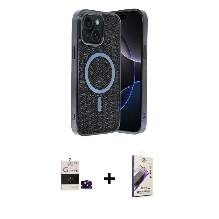 MARSİLYAN™- iPhone 15 Kılıf Eksen Çizgi - Siyah Bilvis 3D Mat Cam Ekran Koruyucu + Bilvis Titan Kamera Lens - SH
