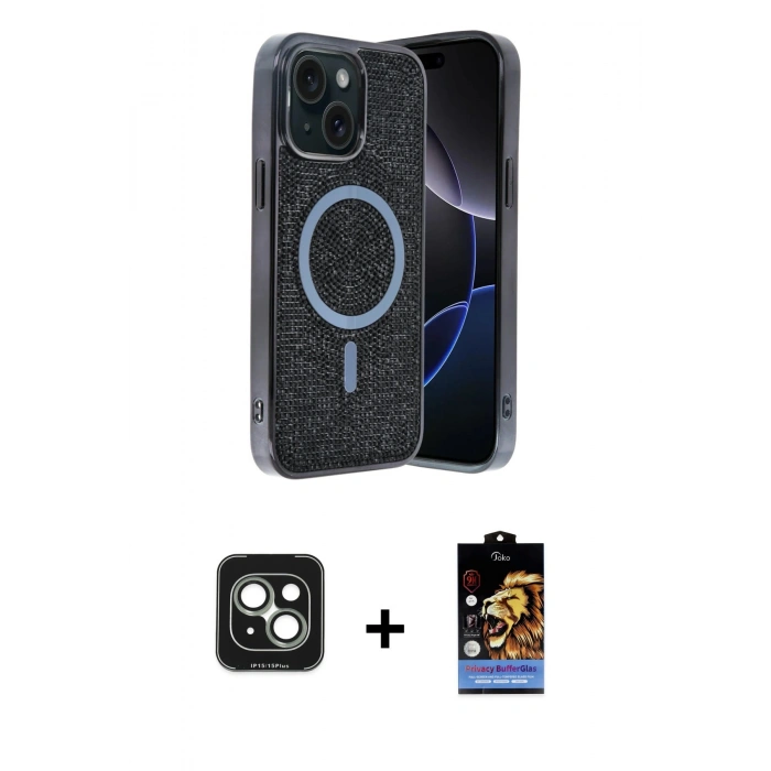 MARSİLYAN™- iPhone 15 Kılıf Eksen Çizgi - Siyah Buffer Hayalet Cam Ekran Koruyucu + PVD Metal Kamera Lens - YL