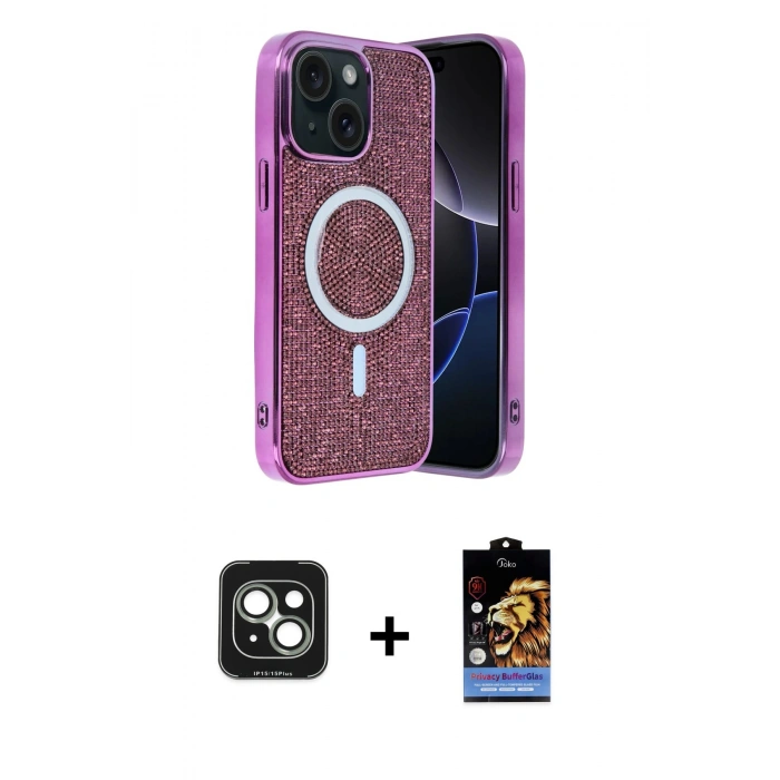 MARSİLYAN™- iPhone 15 Kılıf Eksen Çizgi - Siyah Buffer Hayalet Cam Ekran Koruyucu + PVD Metal Kamera Lens - YL