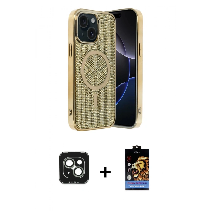 MARSİLYAN™- iPhone 15 Kılıf Eksen Çizgi - Siyah Buffer Hayalet Cam Ekran Koruyucu + PVD Metal Kamera Lens - YL