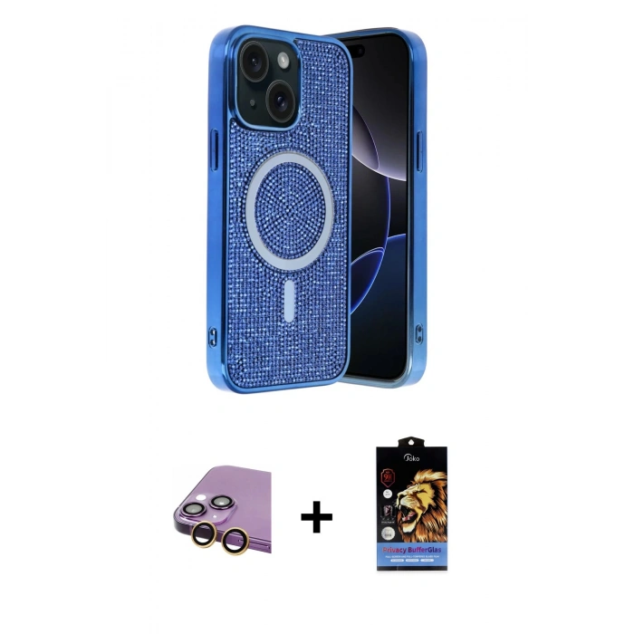 MARSİLYAN™- iPhone 15 Kılıf Eksen Çizgi - Siyah Buffer Hayalet Cam Ekran Koruyucu + Raze Metal Kamera Lens - SI